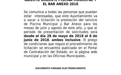 Bando y Pliego Licitación Piscina Municipal y Bar Anexo 2018