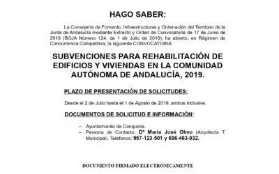 Nota Informativa Apertura Plazo Solicitud Subvenciones REHABILITACIÓN DE VIVIENDAS Junta de Andalucía.