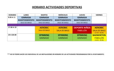 Nuevo Horario de ACTIVIDADES DEPORTIVAS MUNICIPALES