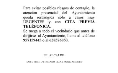 Aviso sobre formas de Atención Presencial en el Ayuntamiento de Conquista durante la Cuarentena por el Virus COVID-19.