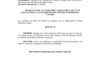 Resolución Declaración de Luto Oficial por Fallecimiento del Niño Hugo Mohedano Casado.