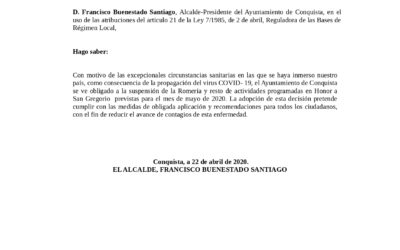 Bando Comunicando Suspensión Actos San Gregorio, 2020.