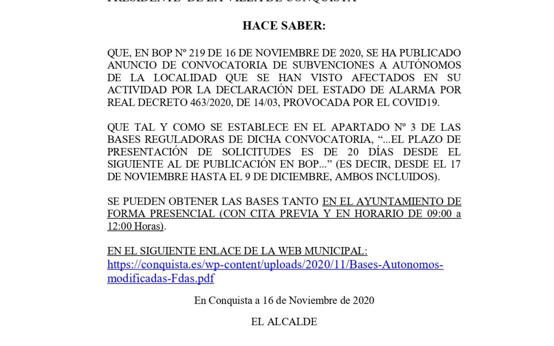 Bando Subvenciones Autónomos Afectados en su Actividad por Declaración Estado de Alarma RD 463/2020, de 14/03, por COVID19.